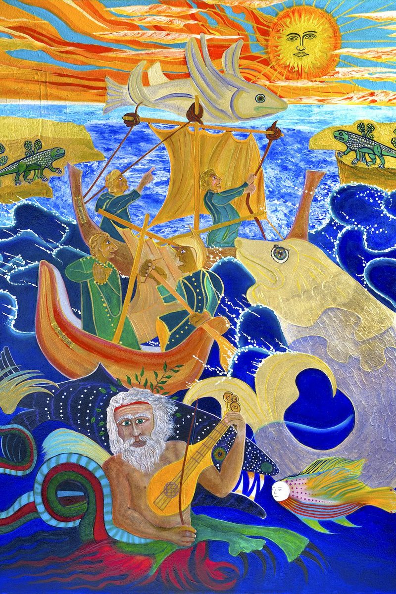 Poseidon Fiddles with Time: an aged sea god among waves and a ship, in bright colour.